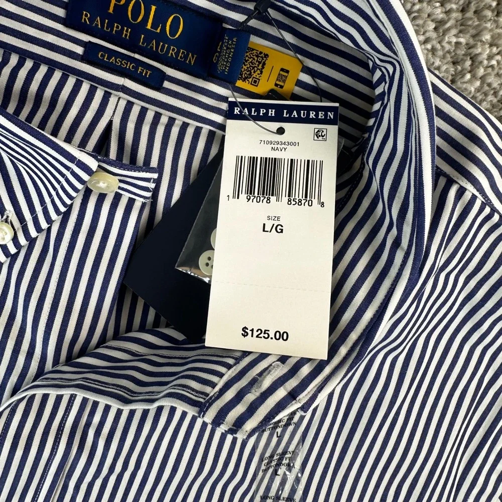 Polo Ralph Lauren Button Down Shirt Mens Large Navy Striped Classic Fit NWT